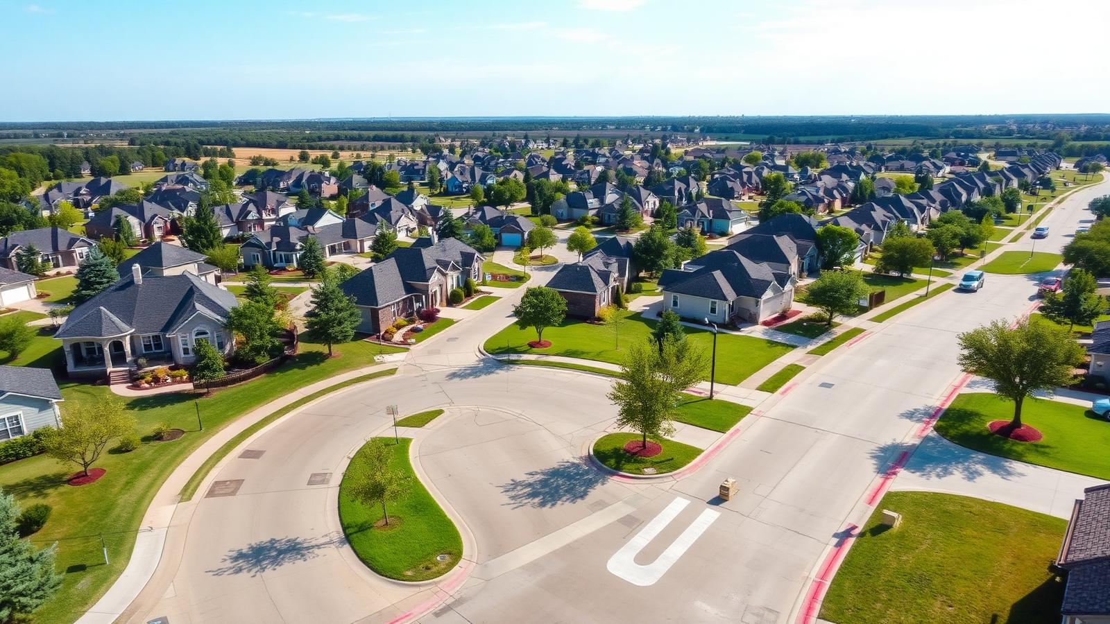 Aerial view of a clean residential neighborhood in North Texas