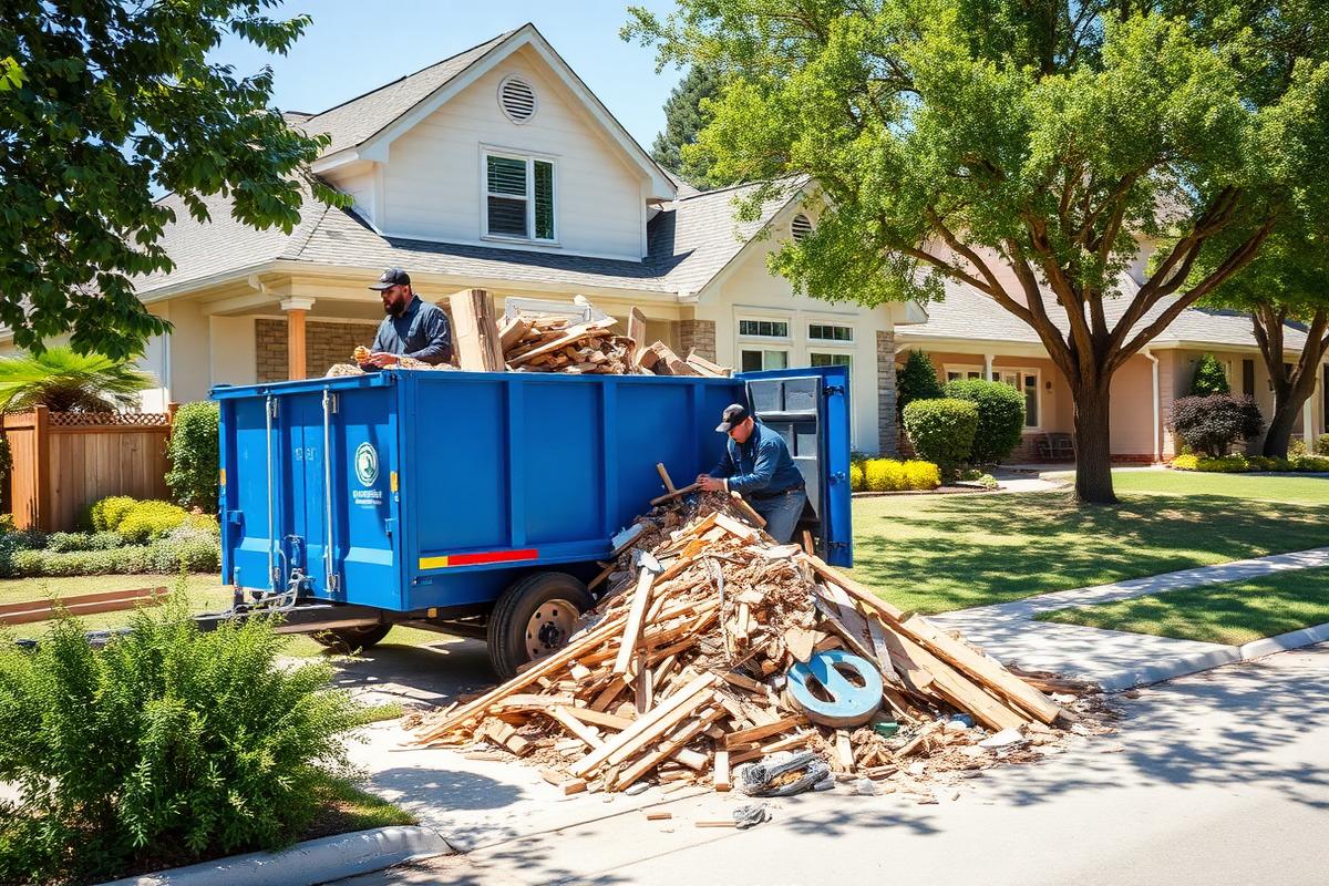 Crew loading renovation debris into a roll-off dumpster at a suburban home